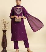Wine Embroidered Work Cotton Slub Rayon Fabric Straight Kurta, Pant and Dupatta Set