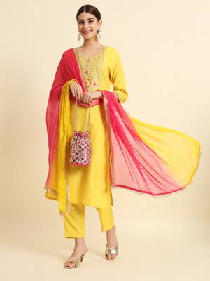 THE52 Yellow Round Neck Embroidered Cotton Slub Fabric Kurta Pant with Dupatta Set 1