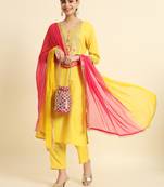 THE52 Yellow Round Neck Embroidered Cotton Slub Fabric Kurta Pant with Dupatta Set