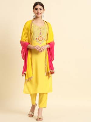 THE52 Yellow Round Neck Embroidered Cotton Slub Fabric Kurta Pant with Dupatta Set 2
