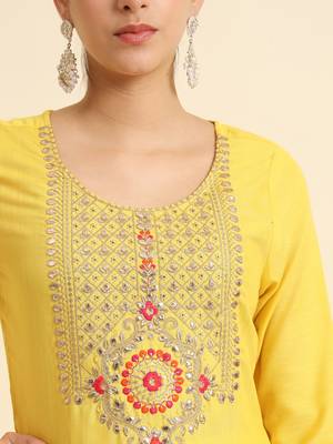 THE52 Yellow Round Neck Embroidered Cotton Slub Fabric Kurta Pant with Dupatta Set 3