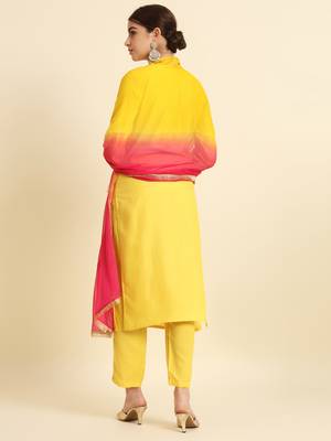 THE52 Yellow Round Neck Embroidered Cotton Slub Fabric Kurta Pant with Dupatta Set 4