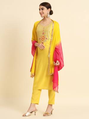 THE52 Yellow Round Neck Embroidered Cotton Slub Fabric Kurta Pant with Dupatta Set 5