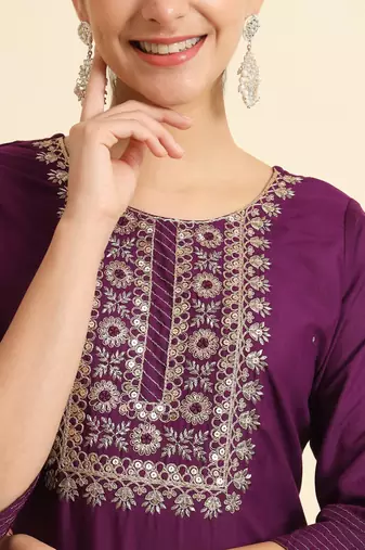 Embroidered Work Slub Rayon Straight Kurta Pant and Dupatta Set
