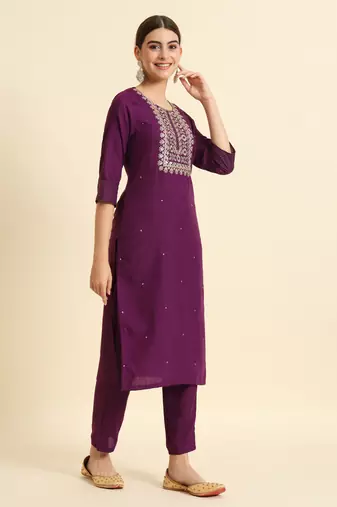 Embroidered Work Slub Rayon Straight Kurta Pant and Dupatta Set