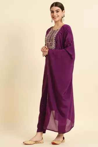 Embroidered Work Slub Rayon Straight Kurta Pant and Dupatta Set