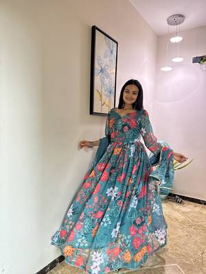 Green Colour Georgette Fabric Stitched Gown  1