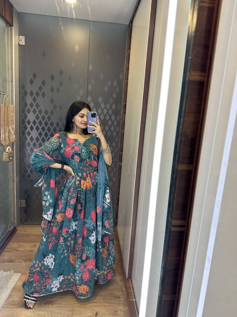 Green Colour Georgette Fabric Stitched Gown 