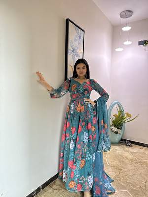 Green Colour Georgette Fabric Stitched Gown  4