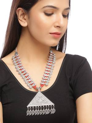 Silver-plated & red statement handcrafted oxidised necklace 1