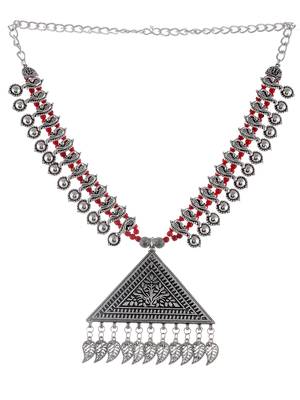 Silver-plated & red statement handcrafted oxidised necklace 3