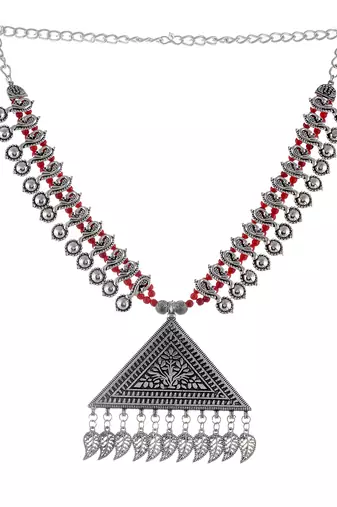 Silver-plated & red statement handcrafted oxidised necklace