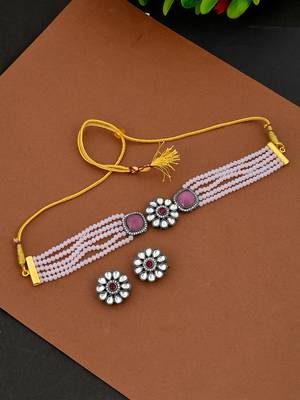 Pink onyx layered choker jewellery set with stud earrings 1