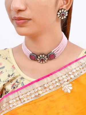 Pink onyx layered choker jewellery set with stud earrings 2