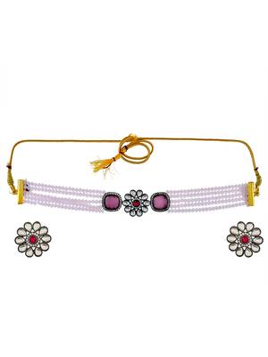 Pink onyx layered choker jewellery set with stud earrings 3