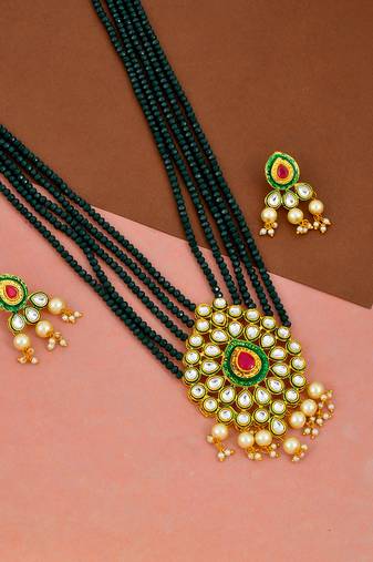 Green, red gold tone kundan beaded necklace with earrings