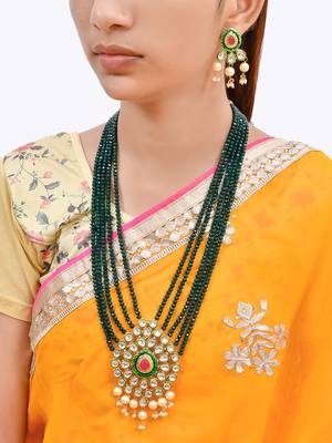 Green, red gold tone kundan beaded necklace with earrings 2