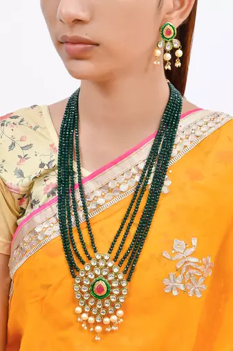 Green, red gold tone kundan beaded necklace with earrings