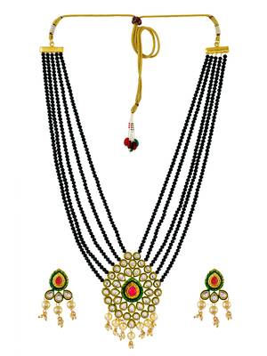 Green, red gold tone kundan beaded necklace with earrings 3