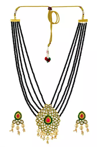 Green, red gold tone kundan beaded necklace with earrings
