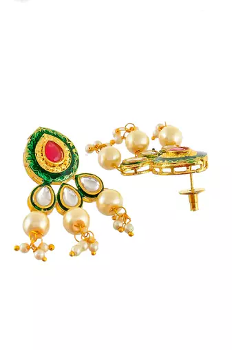 Green, red gold tone kundan beaded necklace with earrings