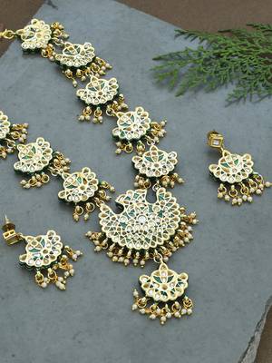 gold-plated green & white kundan studded jewellery set 1