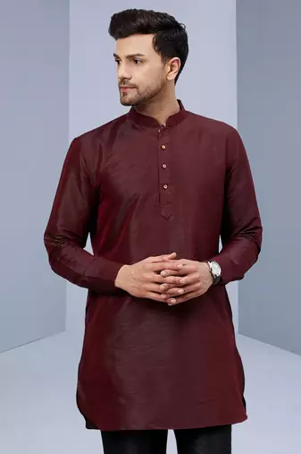 Maroon art silk solid kurta pajama