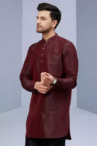 Maroon art silk solid kurta pajama