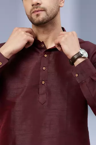 Maroon art silk solid kurta pajama