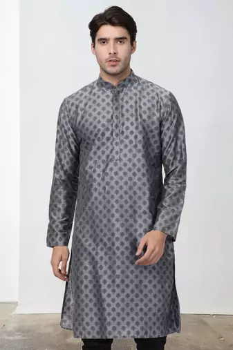 Grey Art Silk Printed Kurta pajama