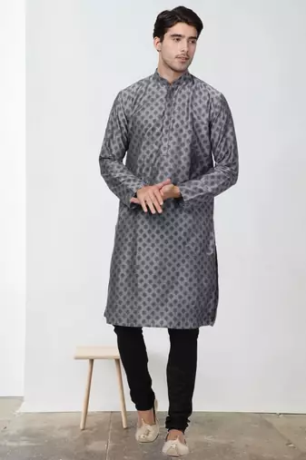 Grey Art Silk Printed Kurta pajama
