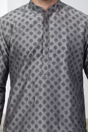 Grey Art Silk Printed Kurta pajama