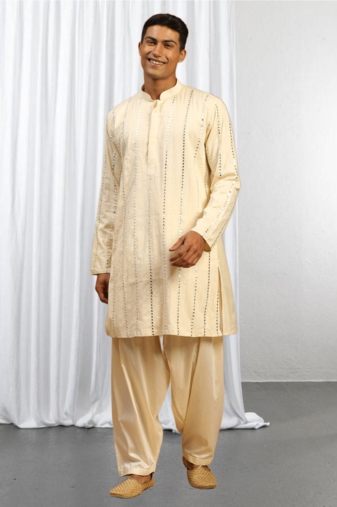 Fawn Viscose Embroidered Mirror work kurta