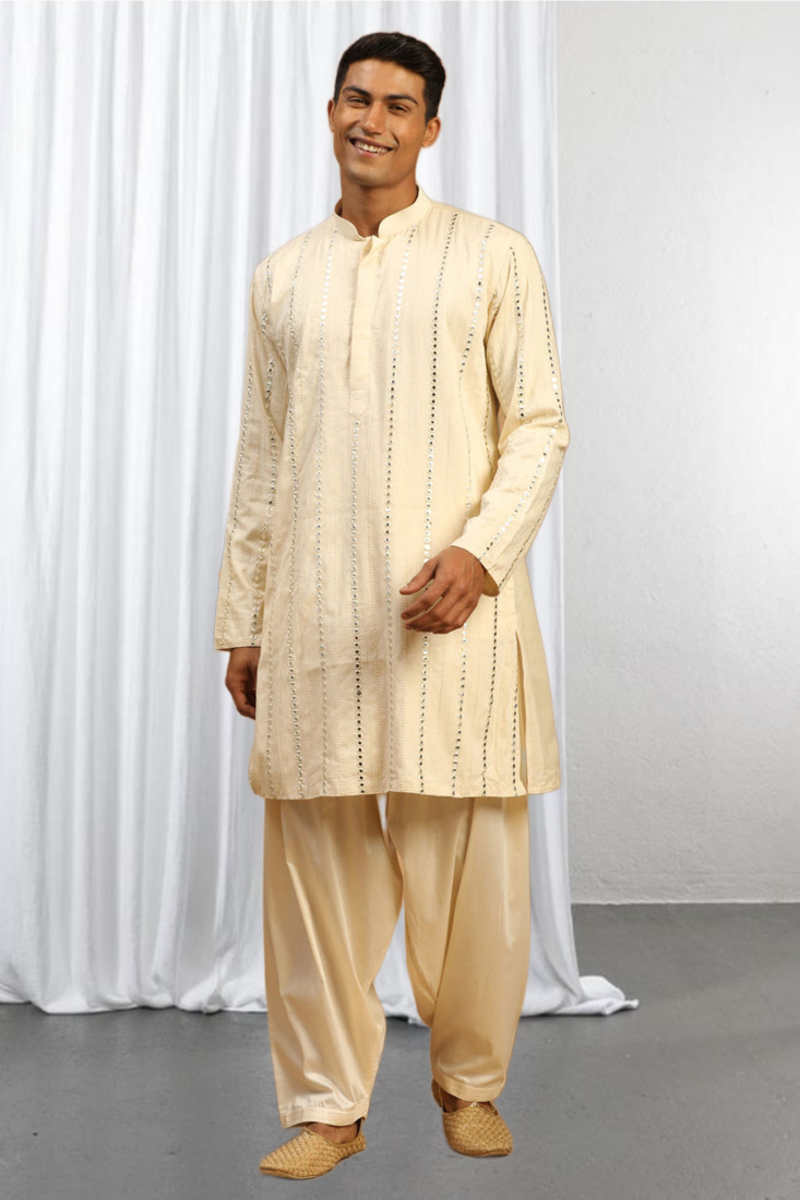 Fawn Viscose Embroidered Mirror work kurta