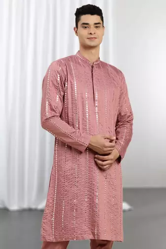 Pink Viscose Embroidered Mirror work kurta