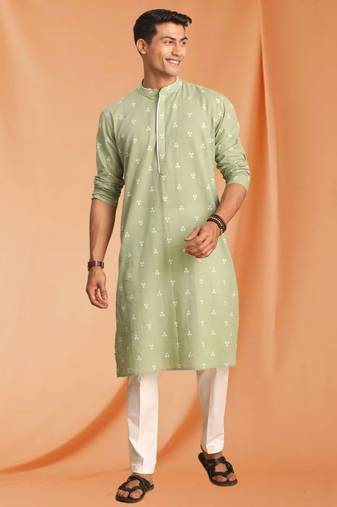 Green Art Silk  printed kurta pajama