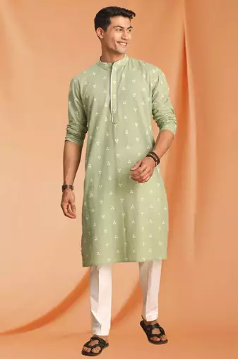 Green Art Silk  printed kurta pajama