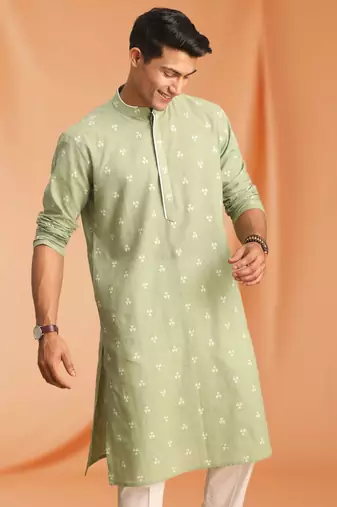 Green Art Silk  printed kurta pajama