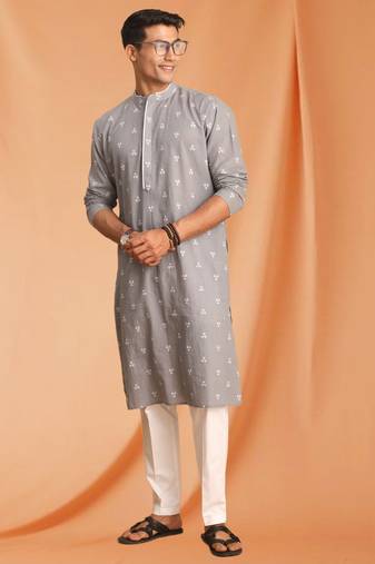 Grey Cotton printed kurta pajama