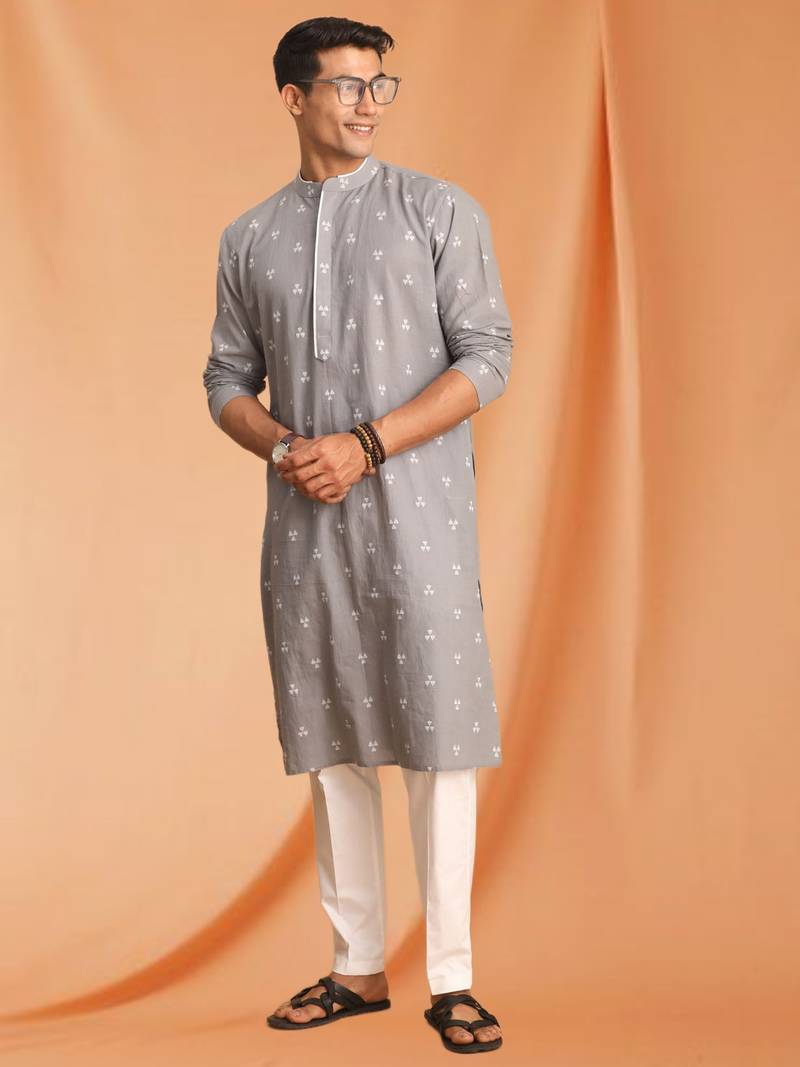 Grey Cotton printed kurta pajama