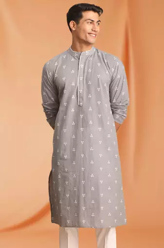 Grey Cotton printed kurta pajama