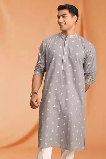 Grey Cotton printed kurta pajama