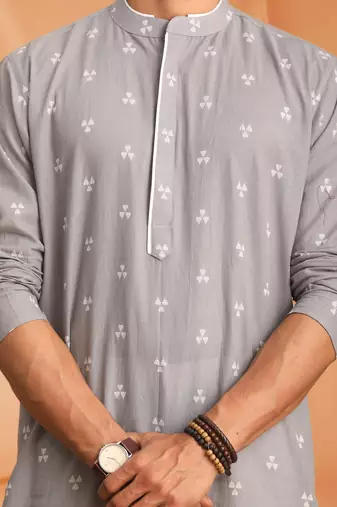 Grey Cotton printed kurta pajama