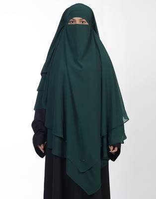 Ana bottle green khimar with attached niqab - triple layer soft georgette fabric for modest islamic wear 1