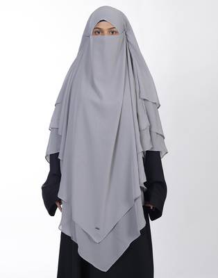 Ana grey khimar with attached niqab - elegant soft georgette fabric with triple layer design 1