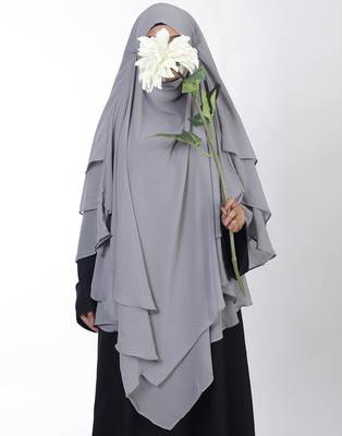 Ana grey khimar with attached niqab - elegant soft georgette fabric with triple layer design 2