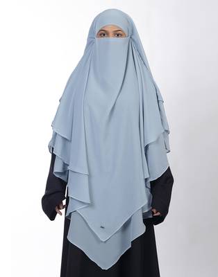 Ana ice blue khimar with attached niqab - triple layer soft georgette for elegant islamic attire 1