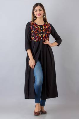 Nishabd women rayon embroidered frontslit  3/4 sleeves calf kurta 1