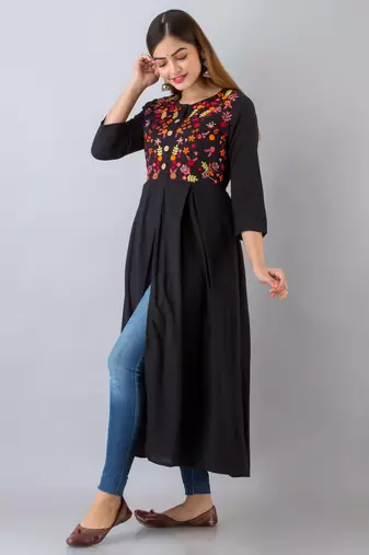 Nishabd women rayon embroidered frontslit  3/4 sleeves calf kurta