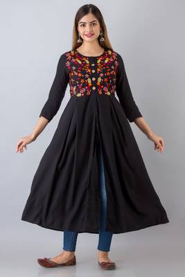 Nishabd women rayon embroidered frontslit  3/4 sleeves calf kurta 3